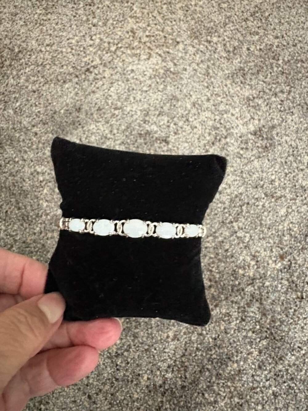 925 Silver Oval Hinged Bangle with 5 White Opal Cabochons 7 Inches
